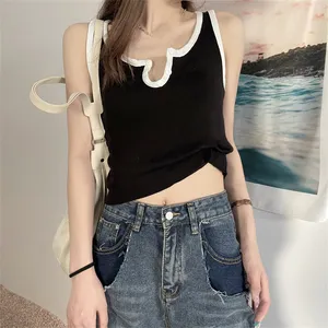 Black and white striped knitted suspender small tank top for women's short, high waisted, sleeveless, inner and outer wearing of