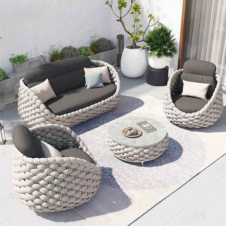 Moderne Outdoor Sofa Set Touw Geweven Outdoor Vet Vorm Aluminium & Gevlochten Touw Outdoor Sofa Set