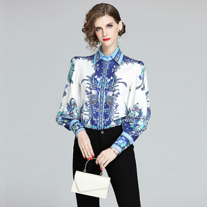 Nuova camicetta a maniche lunghe da <span class=keywords><strong>donna</strong></span> con stampa floreale <span class=keywords><strong>blu</strong></span> elegante e graziosa camicetta a sbuffo - Product Image 3