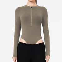 Combinaison de yoga amincissante pour femme, contrôle du ventre, manches longues, coupe ajustée, nylon haut de gamme, col rond pour le fitness