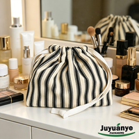 Pochette à maquillage à cordon de serrage rayée de haute qualité avec logo imprimé personnalisé, toile de coton premium, lavable, réutilisable, pour femmes
