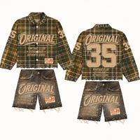 Ensemble 2 pièces personnalisé de haute qualité : Chemise à carreaux avec logo et short en jean, orné de strass, boutons décoratifs, survêtement court pour homme