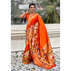 Sari en soie Paithani orange avec un grand bordure à motif demi-demi, tissage Zari, vêtements indiens et pakistanais, tissages d'élite, 700g - Product Image 6