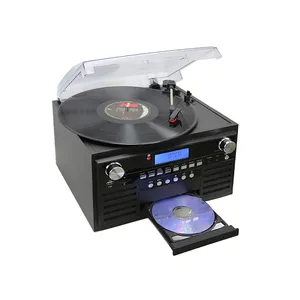 怀旧8合1木制转盘播放器乙烯基唱机光盘盒式磁带播放器调幅/调频收音机录音到光盘