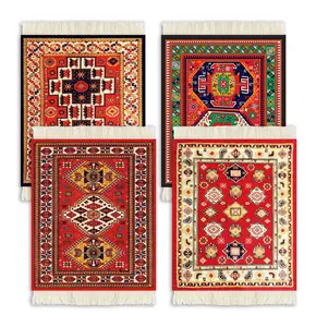 Set of 4 Rug Table Coasters Oriental Arabic Design Fabric Carpet Drink Mats Absorbent Kitchen and Dining Accessories,