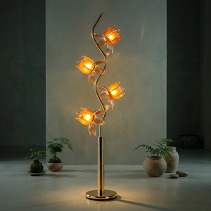 4-Head Artistic Lotus Floor Lamp, Bulk Wholesale, S-curve Gold Stand, Acrylic Petal Cover, Warm LED for Reception Room - Product Image 1