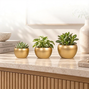 Modern Gold Metal Round Planters 3 Piece Set <b>Small</b> Decorative <b>Pots</b> For Indoor Desk - Product Image 3