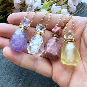 Natural Luxury Fluorite Essential Oil lapis lazuli Empty Bottle Fine Pendants Necklace Perfume Bottle Chakra Gems Jewelry