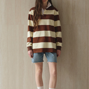 Sweat-<span class=keywords><strong>shirt</strong></span> polo décontracté pour <span class=keywords><strong>femme</strong></span> avec col à revers, épaules tombantes, rayures et manches longues surdimensionnées - Product Image 3