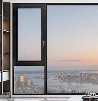 Ventana Corredera de Aluminio con Rotura de Puente Térmico, Fija y Abatible, para Balcón de Apartamento o Villa, Estilo Moderno y Lujoso, Color Negro, Marca Wharton, para Sala de Estar