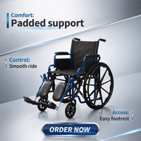 Fauteuil roulant manuel en acier thermolaqué bleu avec accoudoirs rabattables, revêtement en nylon, roues arrière en PU de 24 pouces et repose-jambes relevables