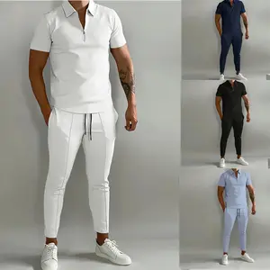 Suit Men Two Piece Sets Zip Turndown Collar Wholesale T-Shirts Trousers Casual Pants Man Business Wear Men Clothing Polo Shirts