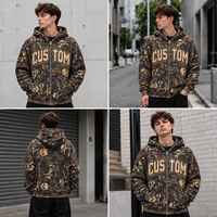 Sweat à capuche zippé camouflage personnalisé pour hommes et femmes, coupe oversize, en coton, imprimé crâne, streetwear décontracté, fermeture éclair intégrale, faible MOQ, haute qualité
