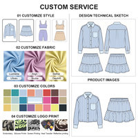 Supplier Pakaian Olahraga Mewah Khusus Wanita Set Dua Potong Serasi Biru Bergaris Kemeja Kancing Lengan Panjang Rok Mini Bahan Stretch 4 Arah
