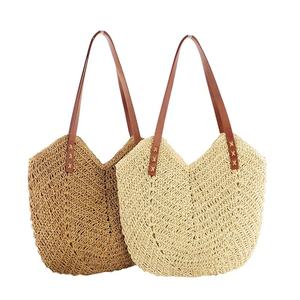 Summer Casual Vintage <strong>Straw</strong> Tote <strong>Bag</strong> with Zipper Closure and Chains Large Capacity Woven Shoulder Handbag for <strong>Beach</strong> &amp; Travel - Product Image 1