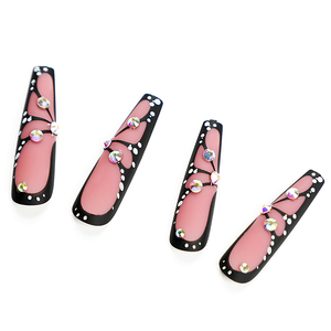 Uñas prensadas personalizadas Manicura Acabado Largo Negro Mariposa Patrón francés Consejos Uñas postizas con diamantes - Product Image 6