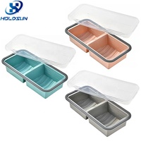 Boîte à lunch bento rectangulaire en silicone à 2 compartiments, résistante à la chaleur, étanche, compatible réfrigérateur et micro-ondes, avec couvercles