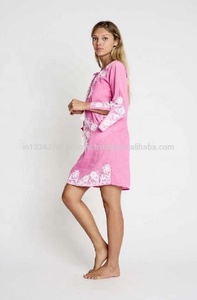 Ravishing Pink Bohemian Embroidered Cotton <b>Mini</b> Dress <b>Lantern</b> Sleeves Plus Size Women's Casual Tunic Summer Loose Contrast Color - Product Image 3