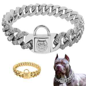 18 Karat Vergoldung Edelstahl Schädel <span class=keywords><strong>Punk</strong></span> Gothic Pet Halskette Luxus Solid Pattern 32 MM Cuban Hunde halsband Langlebige Eigenschaften - Product Image 3