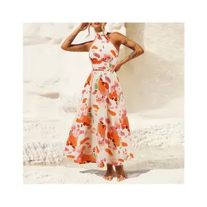 Printed Summer Vestidos Casuales Florales Women's Sexy Sleeveless Stand-Up Dress Abito Elegant Holiday Modest Kleid
