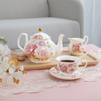 Service à thé et café de luxe 21 pièces en porcelaine fine, écologique, style nordique européen, 800 ml, motif floral rose, idéal pour mariages et réceptions