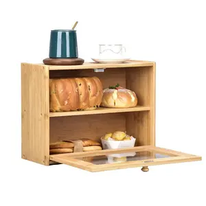 ODM grosir kotak roti Bin roti bambu kapasitas besar dengan tutup akrilik kotak roti Bin wadah penyimpanan dengan pintu untuk dapur