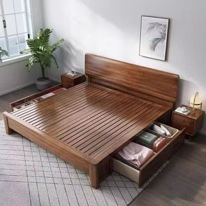 Nordic Style Walnut Solid Wood Bed 1.5m 1.8m Double Bed With Storage For Home Or <b>Small</b> Apartments - Product Image 1