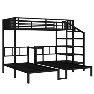 Lits superposés triples en métal noir avec escalier de rangement pour 3 adultes, design industriel moderne, idéal pour hôtels et écoles, parfait pour petites chambres - Product Image 4