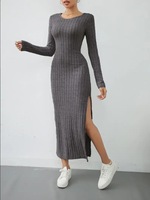 Nouvelle Robe Longue Décontractée Femme en Nylon Tricoté à Taille Élastique, Manches Longues, Col Fendu, Coupe Trapèze, Couleur Unie, Style Urbain Tendance Printemps
