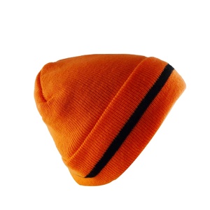<span class=keywords><strong>Bonnet</strong></span> en tricot épais orange fluo avec logo personnalisé, bord côtelé rayé, doublure polaire thermique épaisse, <span class=keywords><strong>bonnet</strong></span> d'hiver premium - Product Image 1