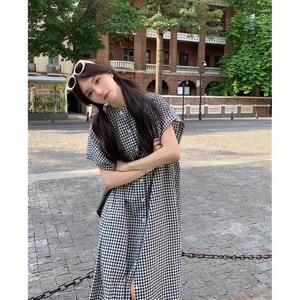 Plaid Shirt Dress Women Summer Long Dress Collared Neck Loose Waist Slit Breathable Daily Casual Dress - Product Image 3