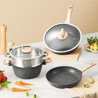 Batterie de cuisine en pierre médicale 12 pièces, antiadhésive, compatible induction, avec couvercles en verre et poignées en bois, pour la cuisine domestique