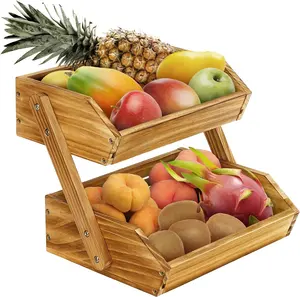 Fruit basket 2 level kitchen wooden fruit basket Fruits bowl and vegetable snacks home kitchen counter top storage rack