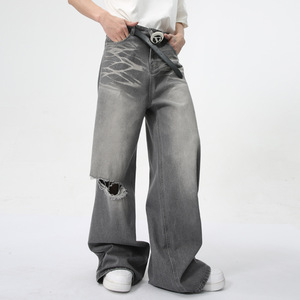 Su misura 2025 estate nuova moda maschile Vintage slavato diritto a <span class=keywords><strong>gamba</strong></span> <span class=keywords><strong>larga</strong></span> ampio <span class=keywords><strong>Jeans</strong></span> lunghi fino al pavimento tessuto grigio Denim - Product Image 1
