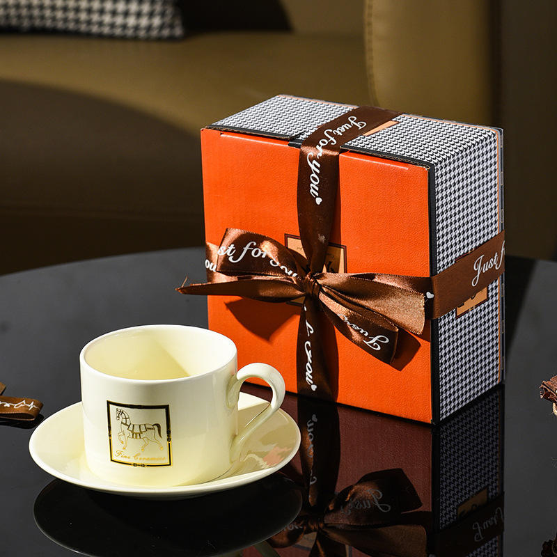 cream yellow, ribbon, cup, saucer, box, 48 sets/box, 260ml