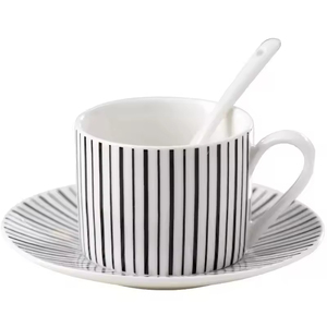 Black White Hepburn Style Porcelain Coffee Tea <b>Cup</b> Saucer Set Handle 200ml Capacity Includes Spoon Dishwasher Microwave Safe - Product Image 4