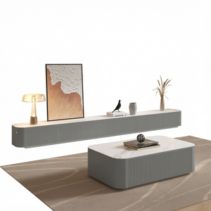 Ensemble moderne de meuble TV réglable et table basse en bois massif, compatible avec les téléviseurs de 65 pouces et plus, blanc, pour salon - Product Image 1