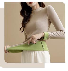 חולצת בסיס חצי צווארון חורפית עם שרוולים ארוכים בטנת פליס חולצות נשים חולצות תחתונות מבודדות חום - Product Image 2