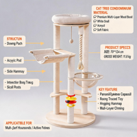 Arbre à chat en bois multicouche de luxe classique 124 cm, tour à chat moderne avec hamac capsule spatiale, jouet rotatif et griffoir en sisal pliable