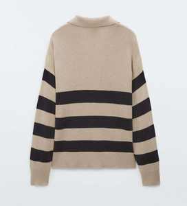 Maglione Polo <span class=keywords><strong>a</strong></span> <span class=keywords><strong>Righe</strong></span> con Scollo <span class=keywords><strong>a</strong></span> V per <span class=keywords><strong>Donna</strong></span>, 100% <span class=keywords><strong>Cotone</strong></span>, Lavorazione <span class=keywords><strong>a</strong></span> <span class=keywords><strong>Maglia</strong></span>, Stile Oversize, Autunno-Inverno 2026, Produzione OEM ODM Personalizzata - Product Image 2