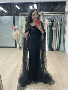 أنيق أسود كاب الأكمام قارب الرقبة اللؤلؤ الديكور أم العروس حورية البحر التطريز حزب فساتين MB40224 - Product Image 2