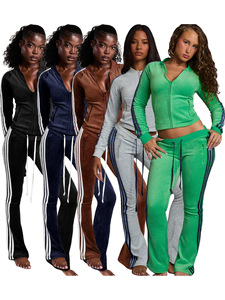 Completo da Donna Personalizzato con Logo, <span class=keywords><strong>Set</strong></span> Due Pezzi con Cerniera, Coulisse, Striscia Laterale e Pantaloni a Zampa Micro, Tuta da Donna - Product Image 1