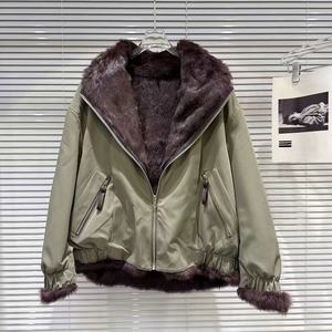 Nuovo Cappotto Corto da Donna in Lana/Seta con Cerniera Sottile e Fodera in Vera <span class=keywords><strong>Pelliccia</strong></span> di Coniglio, Nero e Bianco su Entrambi i Lati - Product Image 1