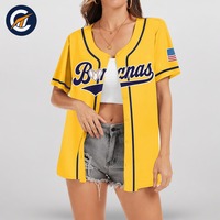 Maillot de baseball personnalisé pour femme, chemise boutonnée jaune unie à manches courtes en maille, avec impression script, style streetwear, uniforme sportif