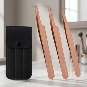 Ensemble de 3 pinces à cils en or rose, en acier inoxydable, pointe incurvée et droite de précision, outils de beauté pour le volume des cils, avec étui - Product Image 2