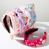 Serre-tête en tissu tendance avec nœuds, motifs fruits (cerise, cœur, fraise), perles et bonbons arc-en-ciel doux, accessoires mignons
