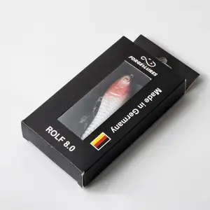 Caixa de embalagem de isca de peixe de papel preto com logotipo personalizado para impressão com janela de PVC caixa de embalagem de anzol de pesca