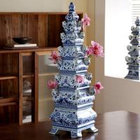 Vase de pagode chinoise bleu et blanc traditionnel Style Art déco bouteille en céramique décorative pour la maison avec glaçure opaque