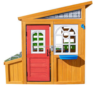 Casita de juegos moderna para exteriores con puerta roja, fregadero azul y cortina de garaje interactiva para diversión en el patio trasero - Product Image 1