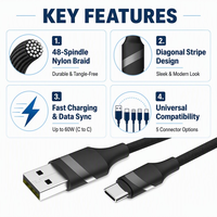 Kabel Data Pengisian Cepat USB-A ke Micro USB 1m 48-Spindle Nylon Braided, Kabel Sinkronisasi Tahan Lama Anti Kusut